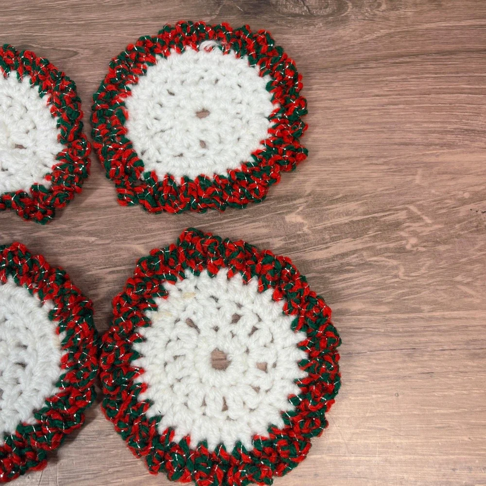 Handmade Crochet Knit Coasters‎ Red Green White Christmas Holidays Set of 7